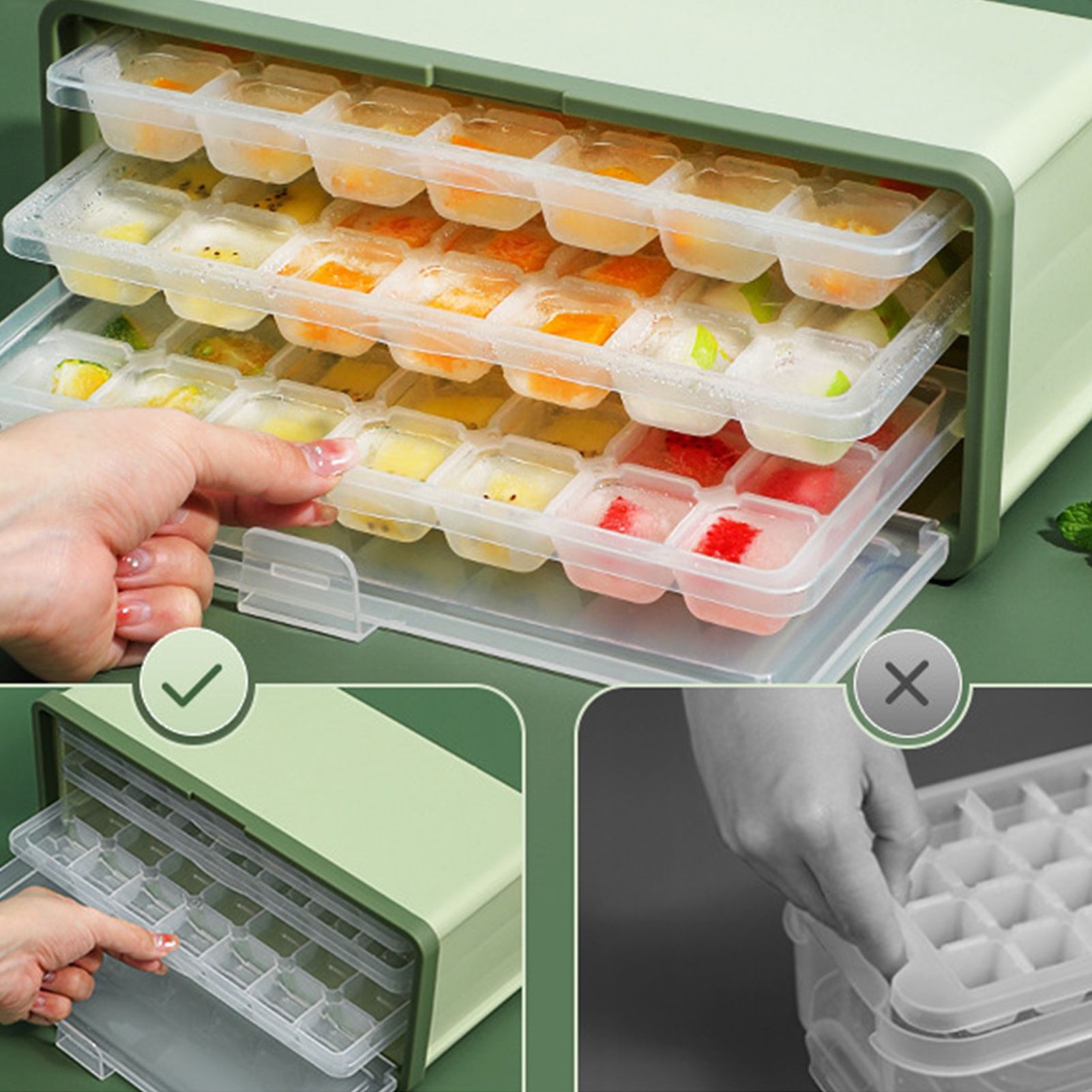 3 Layer Ice Cube Tray Large Capacity Easy Demoulding Pull Out Ice Cube Bin with Ice Shovel Lid for Yogurt V1294-YM0523-3117220065111