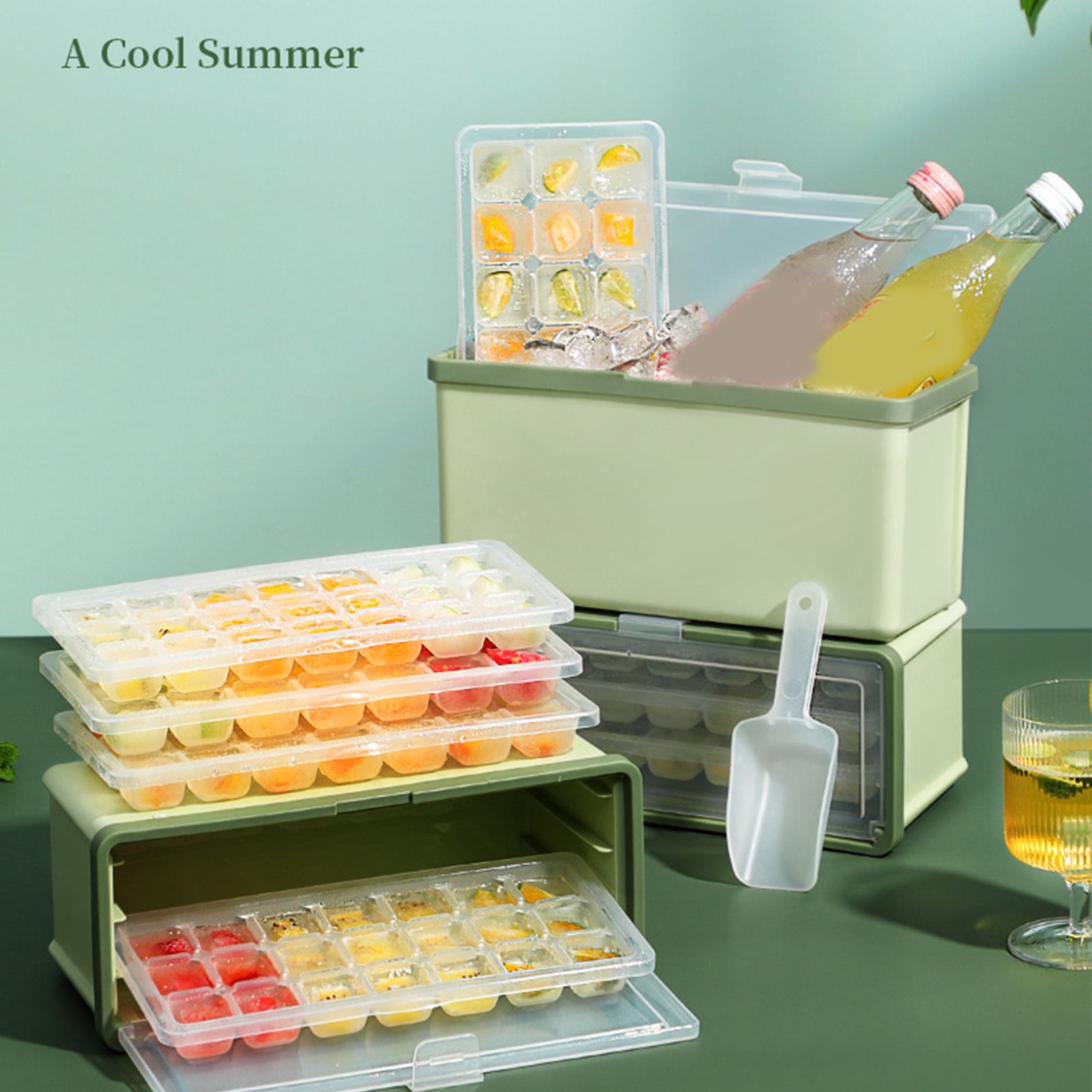 3 Layer Ice Cube Tray Large Capacity Easy Demoulding Pull Out Ice Cube Bin with Ice Shovel Lid for Yogurt V1294-YM0523-3117220065111