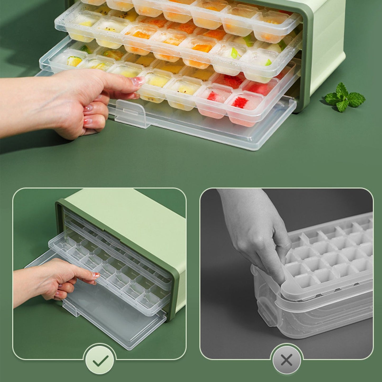 3 Layer Ice Cube Tray Large Capacity Easy Demoulding Pull Out Ice Cube Bin with Ice Shovel Lid for Yogurt V1294-YM0523-3117220065111