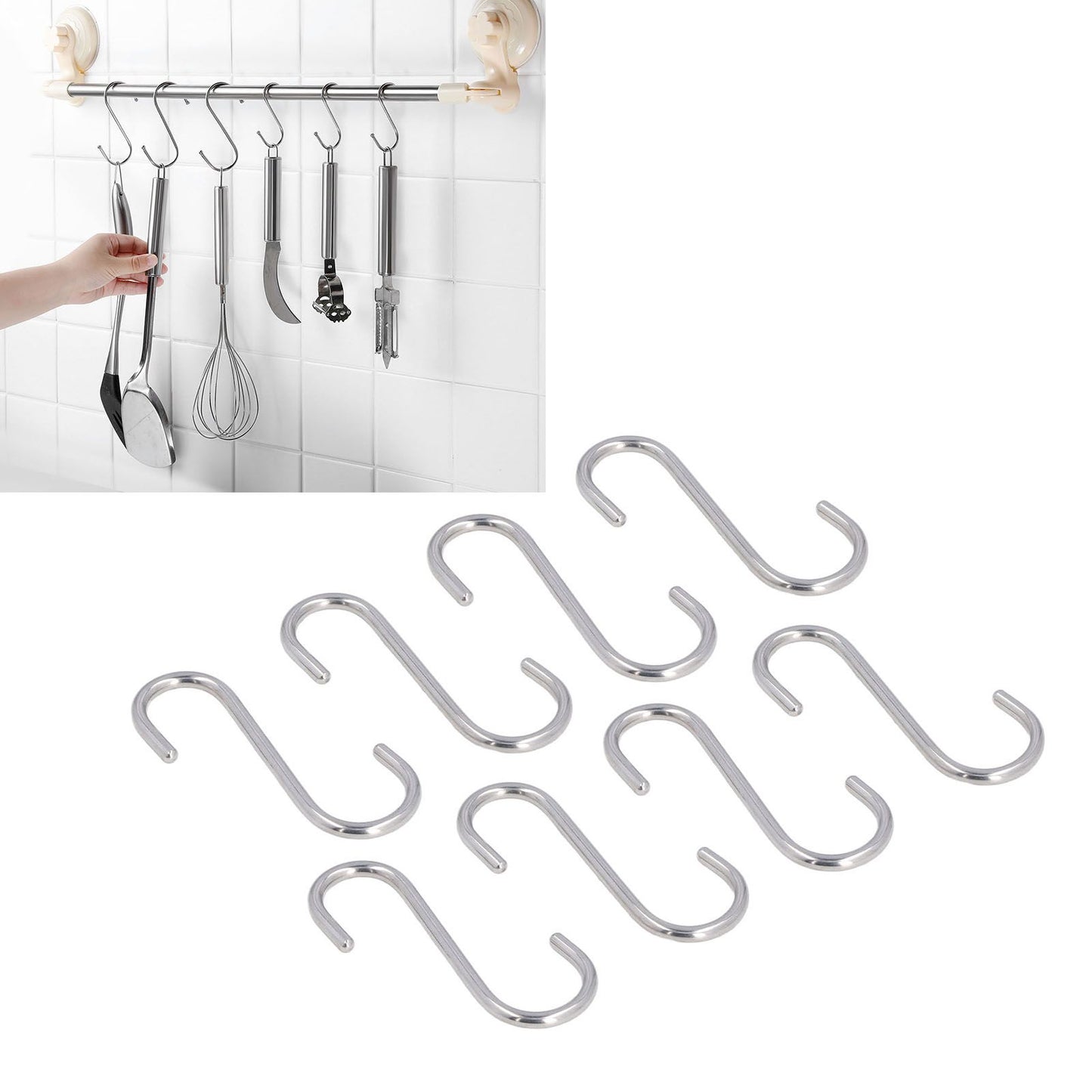 8PCS S Hook Rustproof Stainless Steel S Hooks Heavy Duty Simple Style Overstriking Portable S Kitchen Hook V1294-YM0523-3117220069311