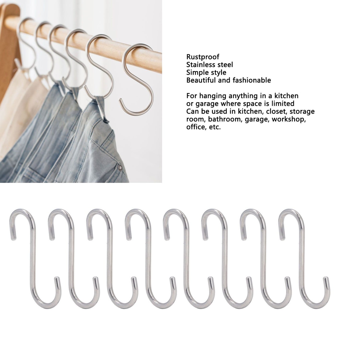 8PCS S Hook Rustproof Stainless Steel S Hooks Heavy Duty Simple Style Overstriking Portable S Kitchen Hook V1294-YM0523-3117220069311