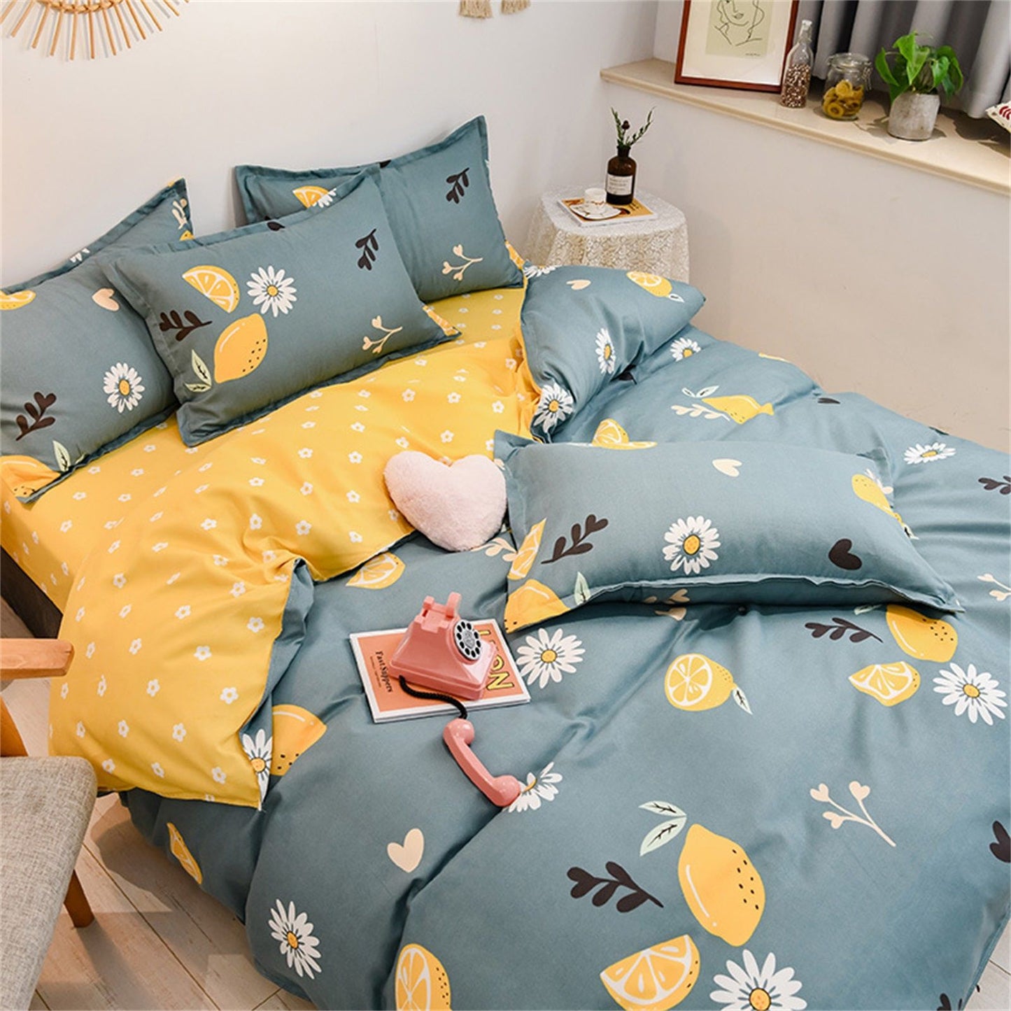 4pcs Bedding Set Soft Cotton Bed Sheet Quilt Cover Pillowcase Thickened Bedclothes for Home Lemon 1.2m/47.2in V1294-YM0523-3117220071811