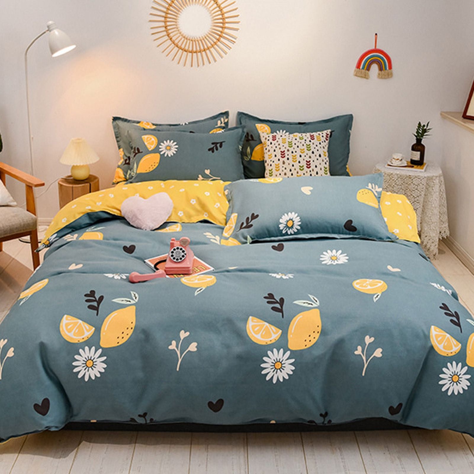 4pcs Bedding Set Soft Cotton Bed Sheet Quilt Cover Pillowcase Thickened Bedclothes for Home Lemon 1.2m/47.2in V1294-YM0523-3117220071811