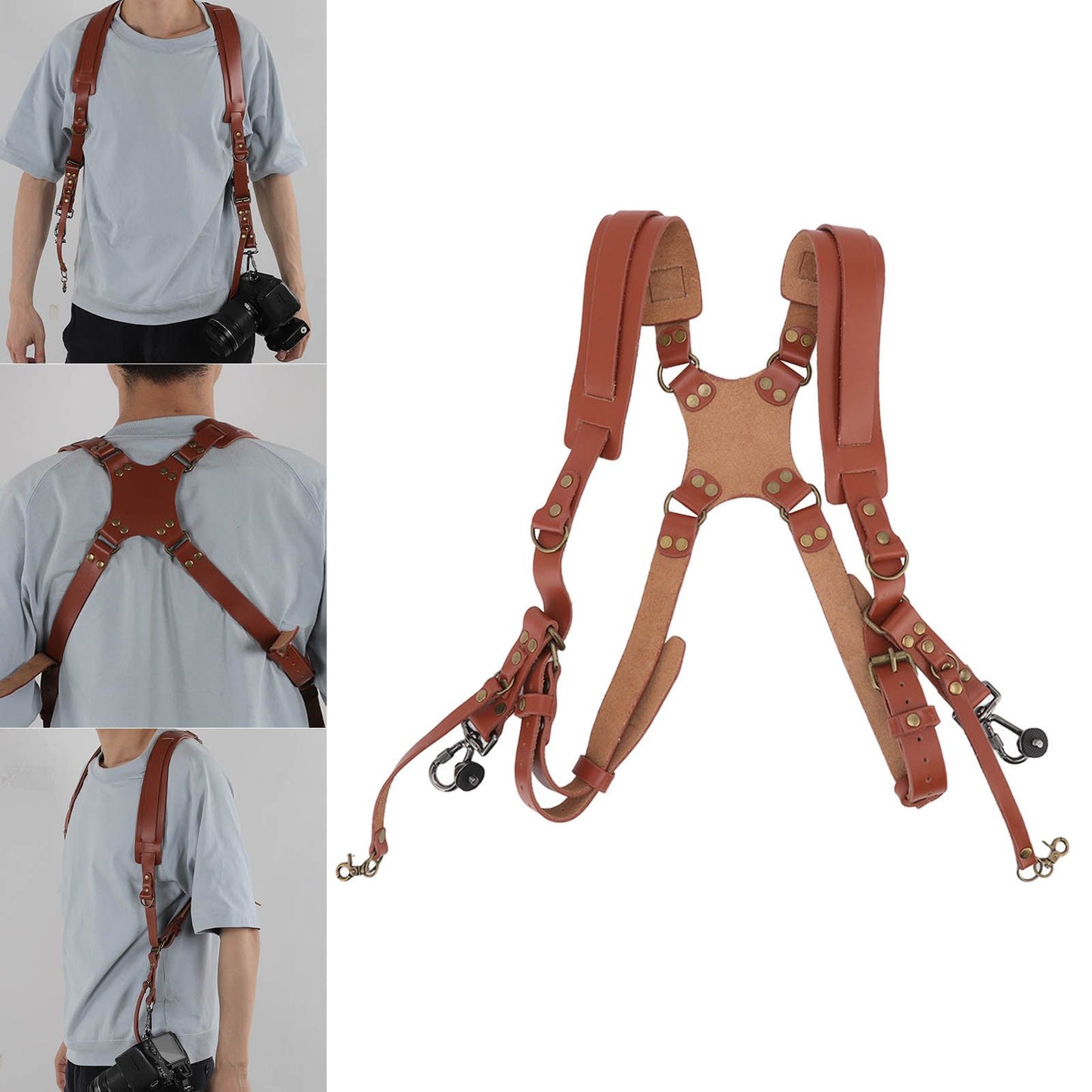 Dual Shoulder Leather Harness Comfortable Camera Strap Accessories for 2 Cameras Brown V1294-YM0523-3117220079611