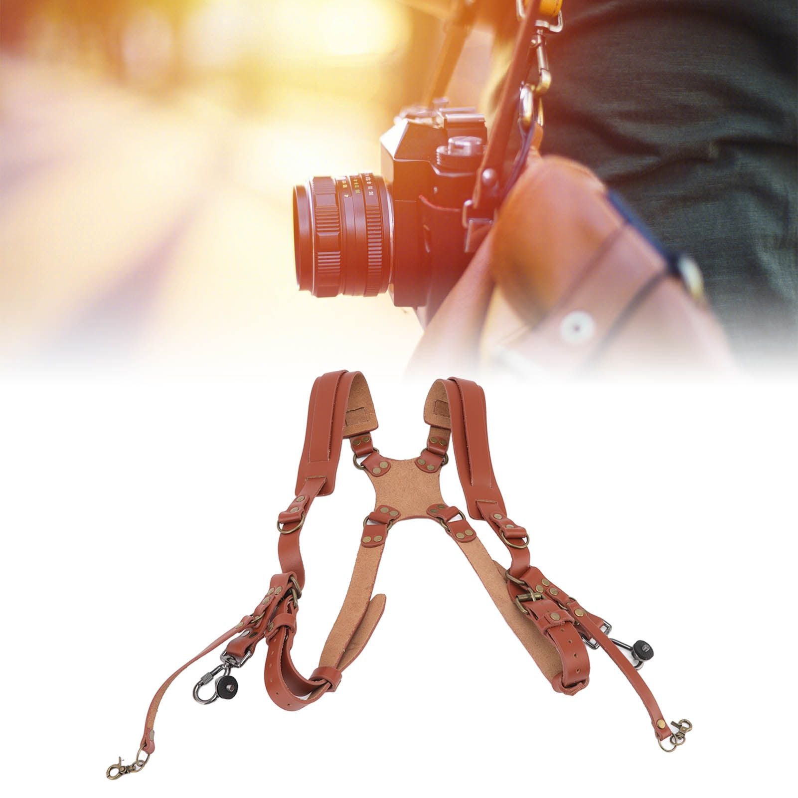 Dual Shoulder Leather Harness Comfortable Camera Strap Accessories for 2 Cameras Brown V1294-YM0523-3117220079611