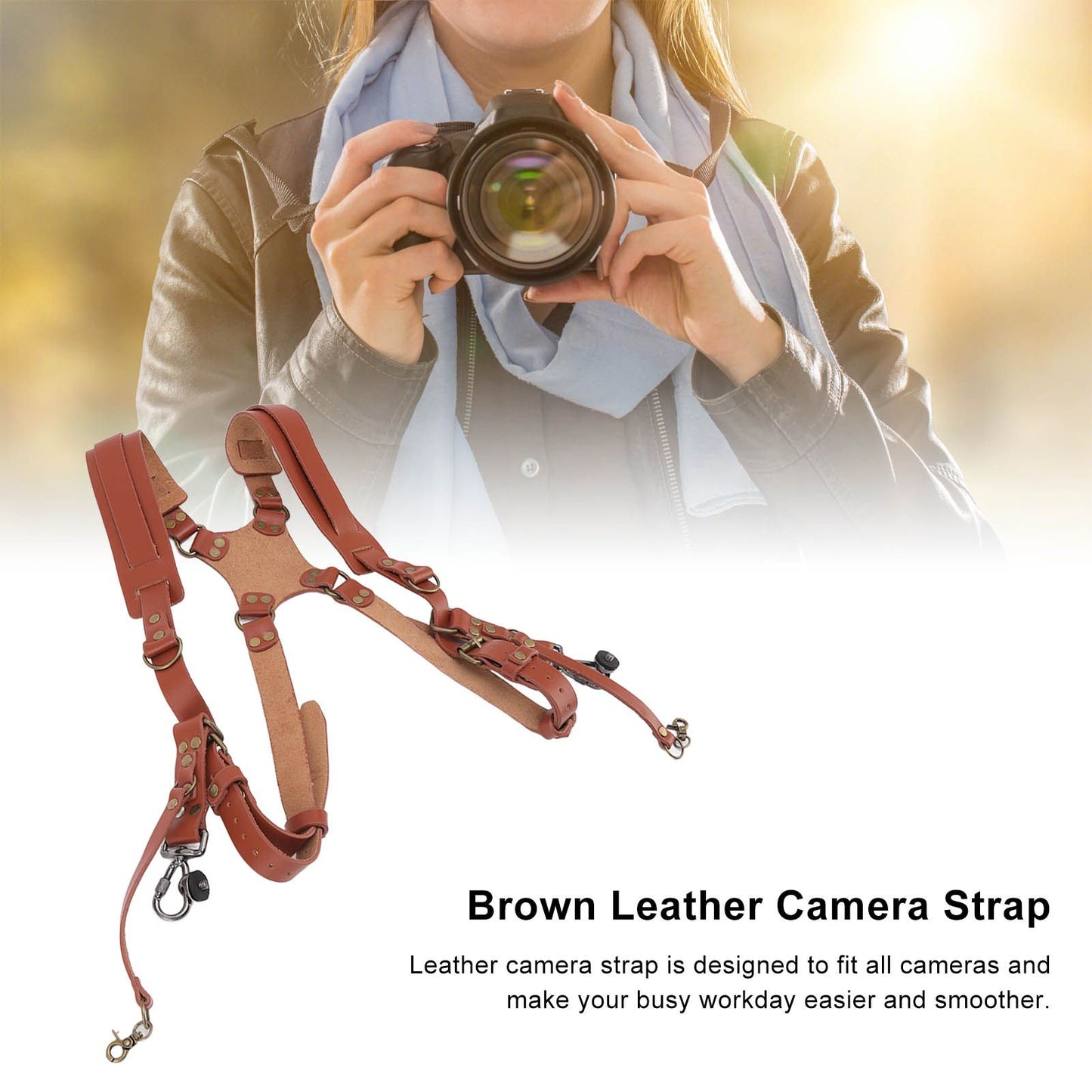 Dual Shoulder Leather Harness Comfortable Camera Strap Accessories for 2 Cameras Brown V1294-YM0523-3117220079611