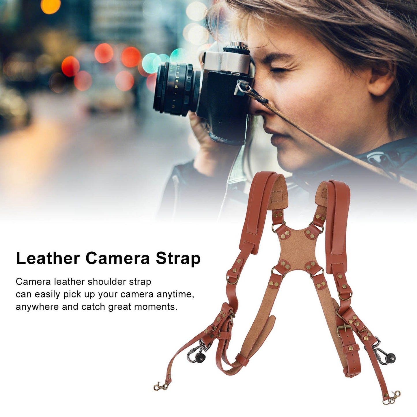 Dual Shoulder Leather Harness Comfortable Camera Strap Accessories for 2 Cameras Brown V1294-YM0523-3117220079611