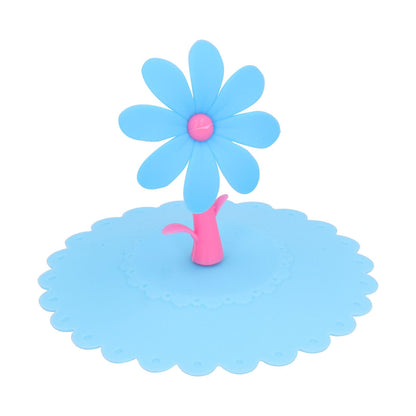 Silicone Lid Dustproof Hot and Cold Beverage Cup Cover with Flower Shape Handle for Kitchen HomeBlue V1294-YM0523-3118210244012