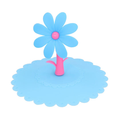 Silicone Lid Dustproof Hot and Cold Beverage Cup Cover with Flower Shape Handle for Kitchen HomeBlue V1294-YM0523-3118210244012