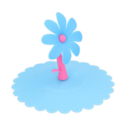 Silicone Lid Dustproof Hot and Cold Beverage Cup Cover with Flower Shape Handle for Kitchen HomeBlue V1294-YM0523-3118210244012