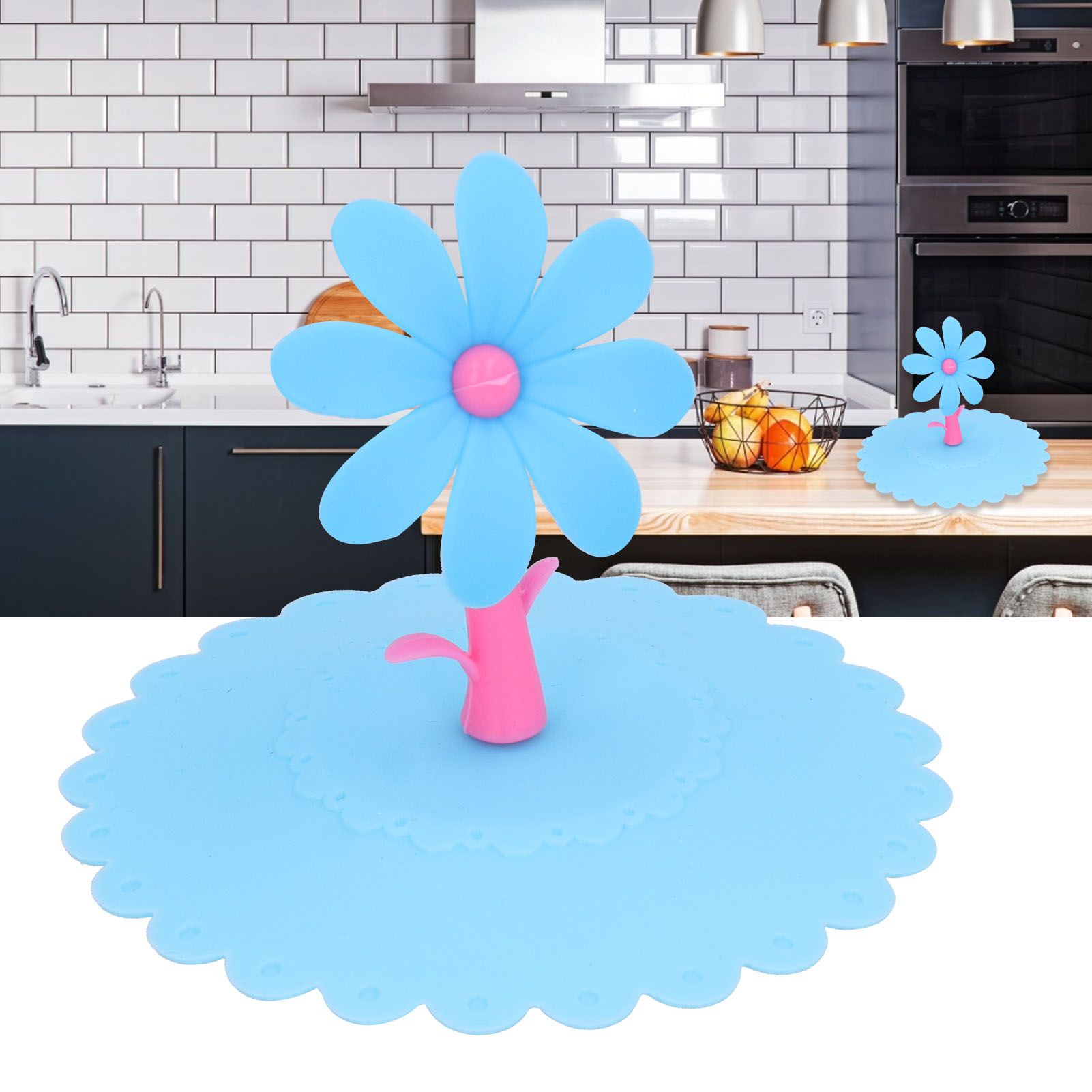 Silicone Lid Dustproof Hot and Cold Beverage Cup Cover with Flower Shape Handle for Kitchen HomeBlue V1294-YM0523-3118210244012