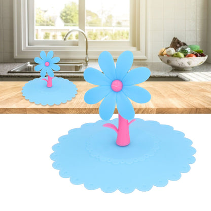 Silicone Lid Dustproof Hot and Cold Beverage Cup Cover with Flower Shape Handle for Kitchen HomeBlue V1294-YM0523-3118210244012