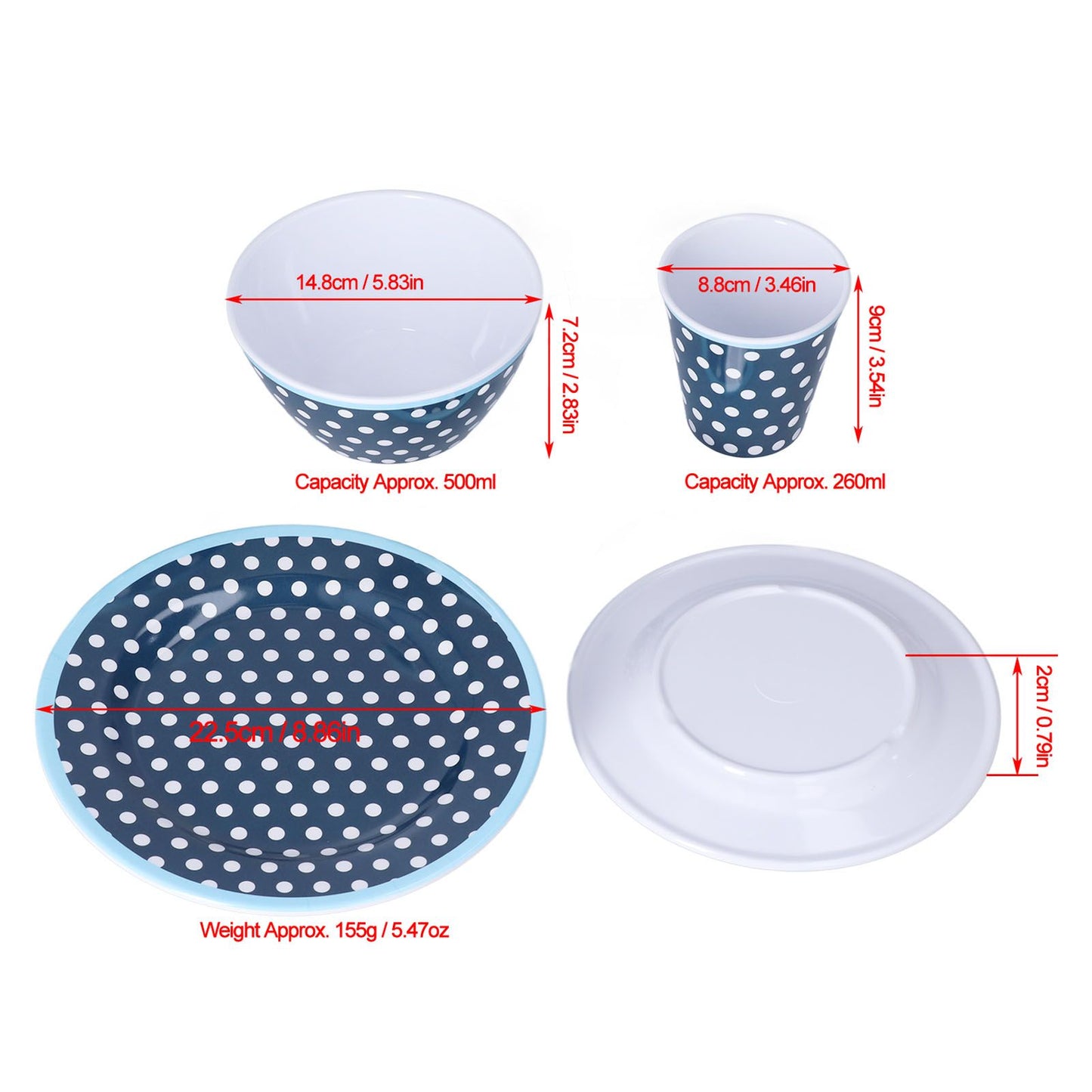 3 Piece Set of Salad Tableware Fruit Snack Plate Bowl and Cup Set Salad TablewareDark Blue Dots V1294-YM0523-3118210289911