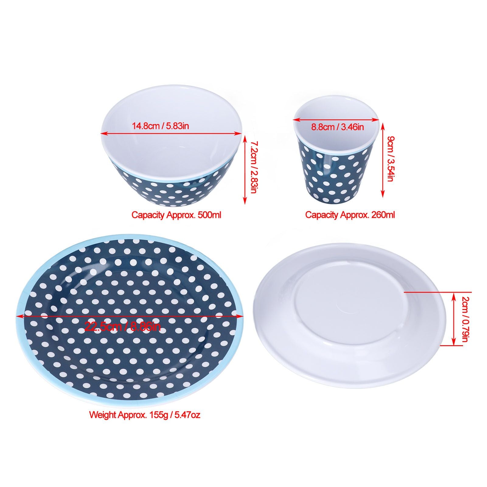 3 Piece Set of Salad Tableware Fruit Snack Plate Bowl and Cup Set Salad TablewareDark Blue Dots V1294-YM0523-3118210289911