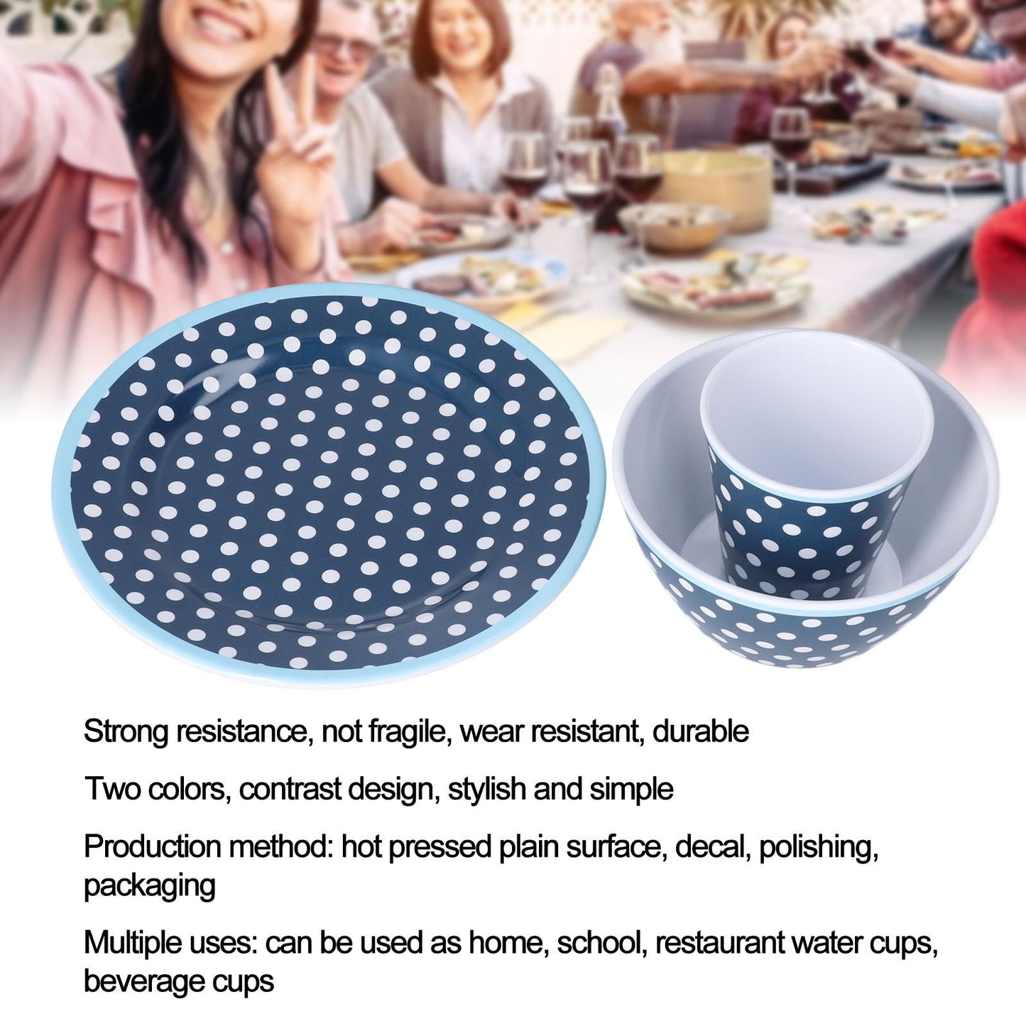 3 Piece Set of Salad Tableware Fruit Snack Plate Bowl and Cup Set Salad TablewareDark Blue Dots V1294-YM0523-3118210289911