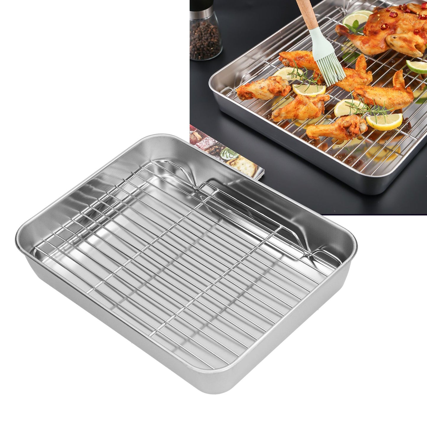 Roasting Pan and Rack Set Stainless Steel Easy Clean Rectangular Roaster with Rack for Cooking V1294-YM0523-3118210292712
