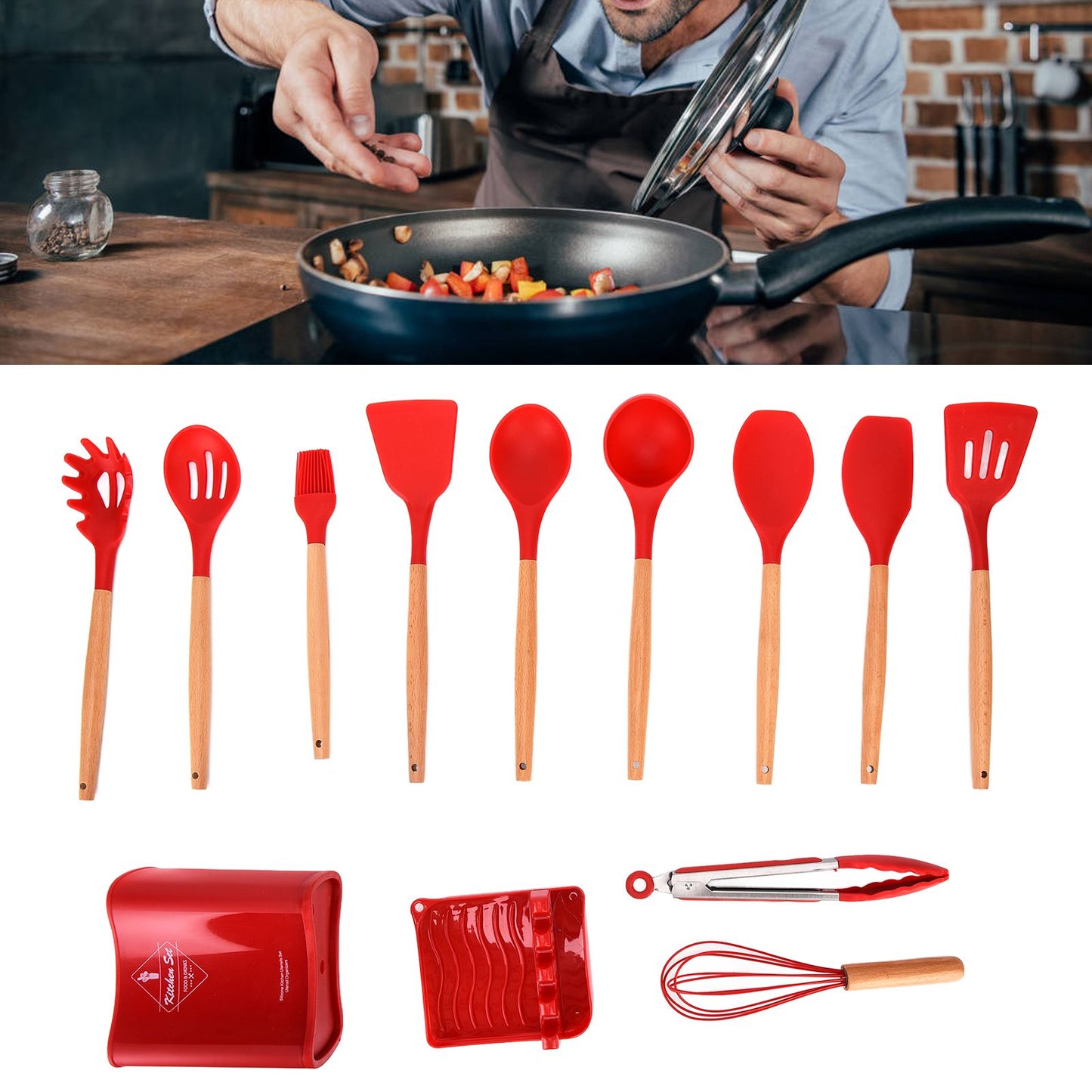 13Pcs Silicone Cooking Utensils Set Non Stick Spatula Shovel Wooden Handle Cooking Tools Set Kitchen Supplies V1294-YM0523-3118210305811