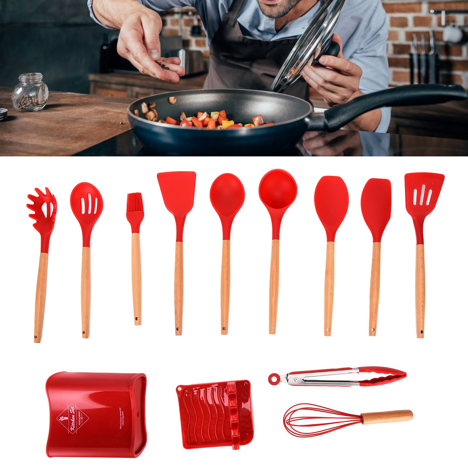 13Pcs Silicone Cooking Utensils Set Non Stick Spatula Shovel Wooden Handle Cooking Tools Set Kitchen Supplies V1294-YM0523-3118210305811