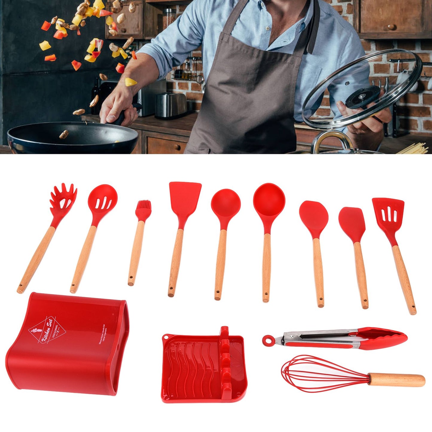 13Pcs Silicone Cooking Utensils Set Non Stick Spatula Shovel Wooden Handle Cooking Tools Set Kitchen Supplies V1294-YM0523-3118210305811