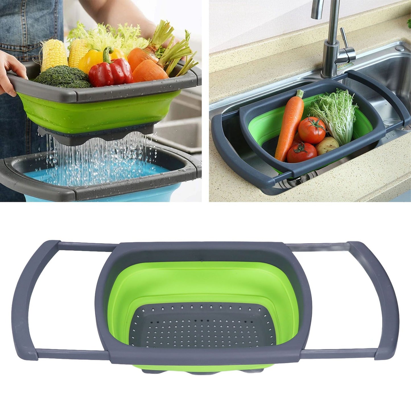Green Foldable Drain Basket Silicone Collapsible Fruit Vegetable Wash Strainer Basket for Home Kitchen V1294-YM0523-3118210318011