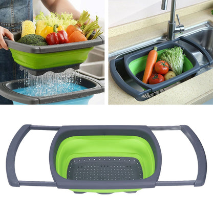 Green Foldable Drain Basket Silicone Collapsible Fruit Vegetable Wash Strainer Basket for Home Kitchen V1294-YM0523-3118210318011