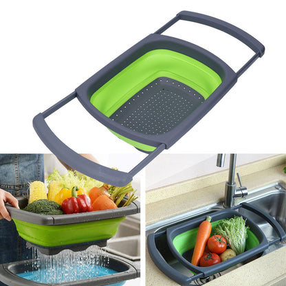 Green Foldable Drain Basket Silicone Collapsible Fruit Vegetable Wash Strainer Basket for Home Kitchen V1294-YM0523-3118210318011