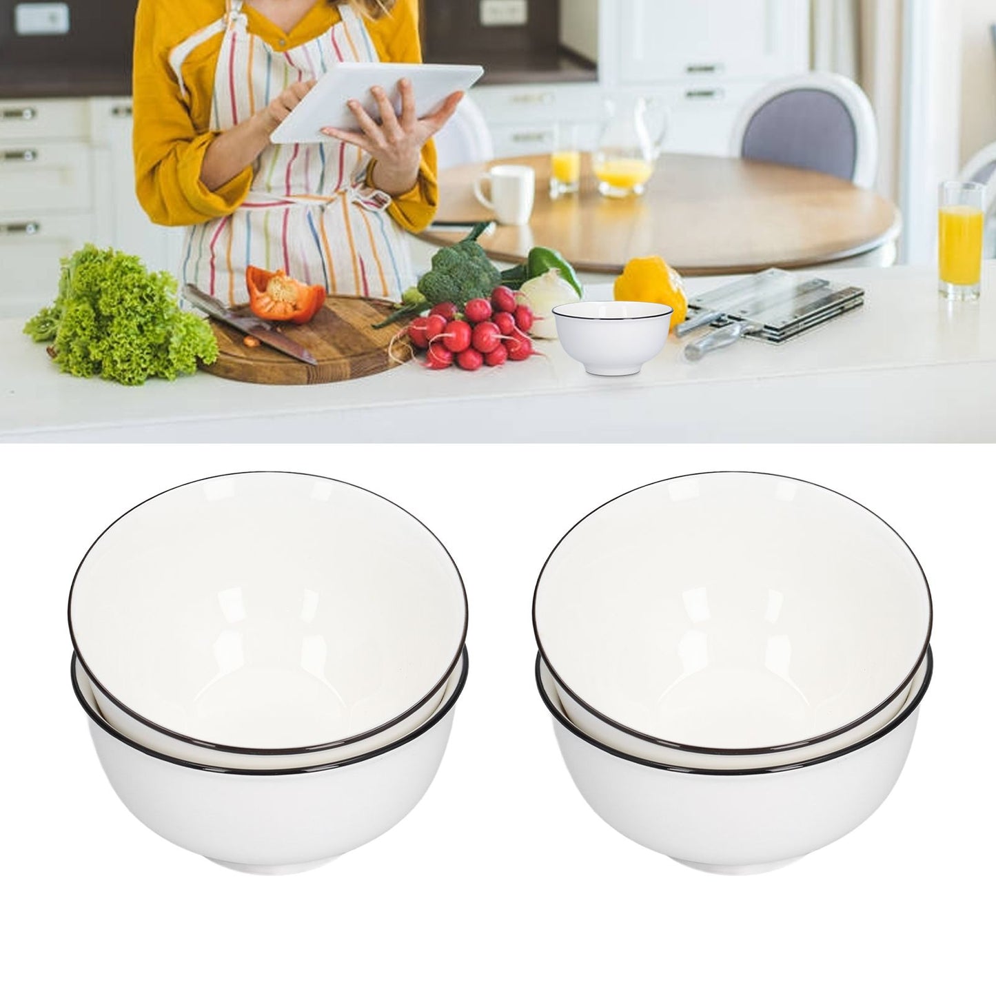 4PCS 6in Soup Bowl White Ceramic Noodle Bowl Eco Friendly Rice Bowl for Kitchen Restaurant V1294-YM0523-3118210320011