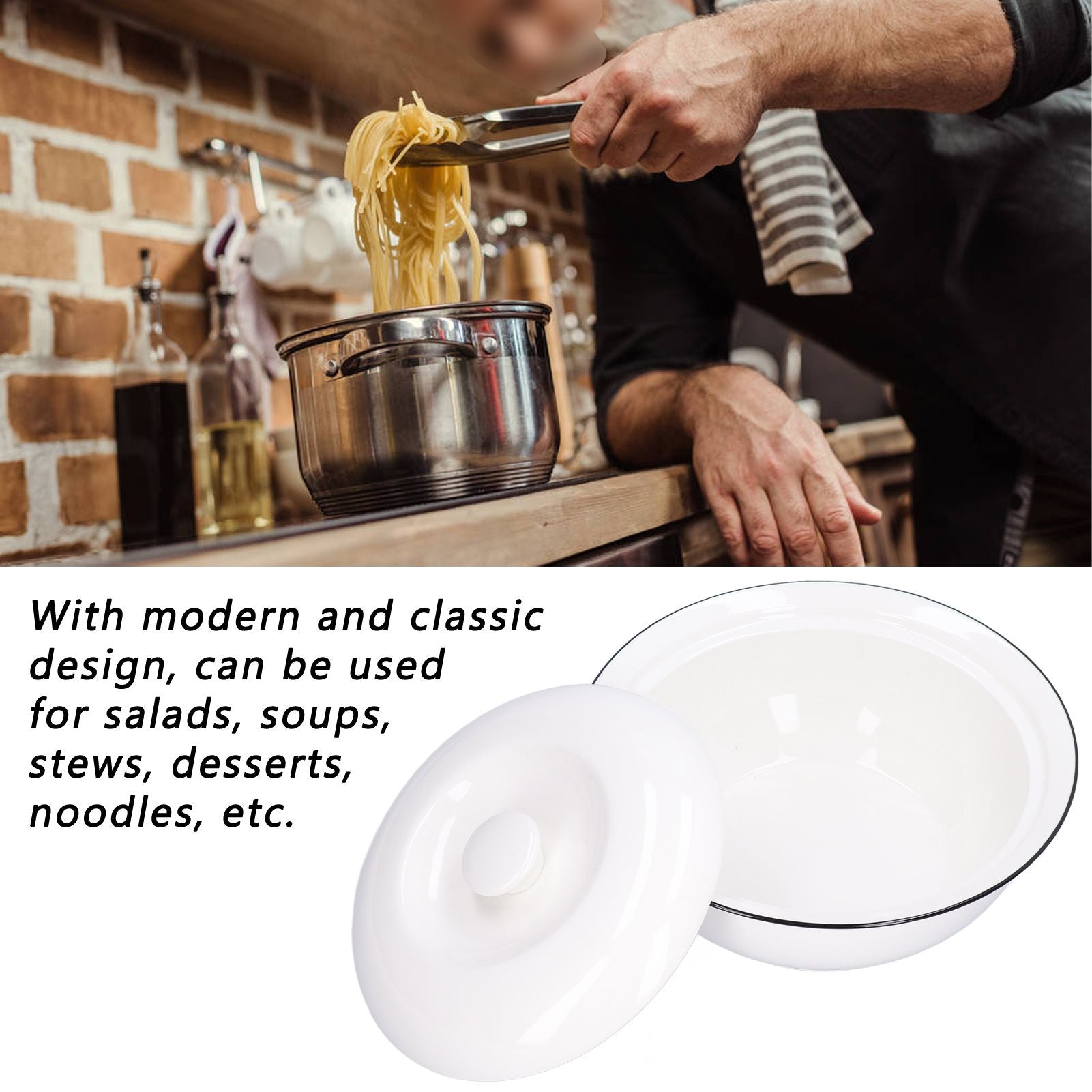 9in Soup Bowl with Lid Large Capacity 1500ml Stew Bowl Harmless White Ceramic Kitchen Bowl V1294-YM0523-3118210320411