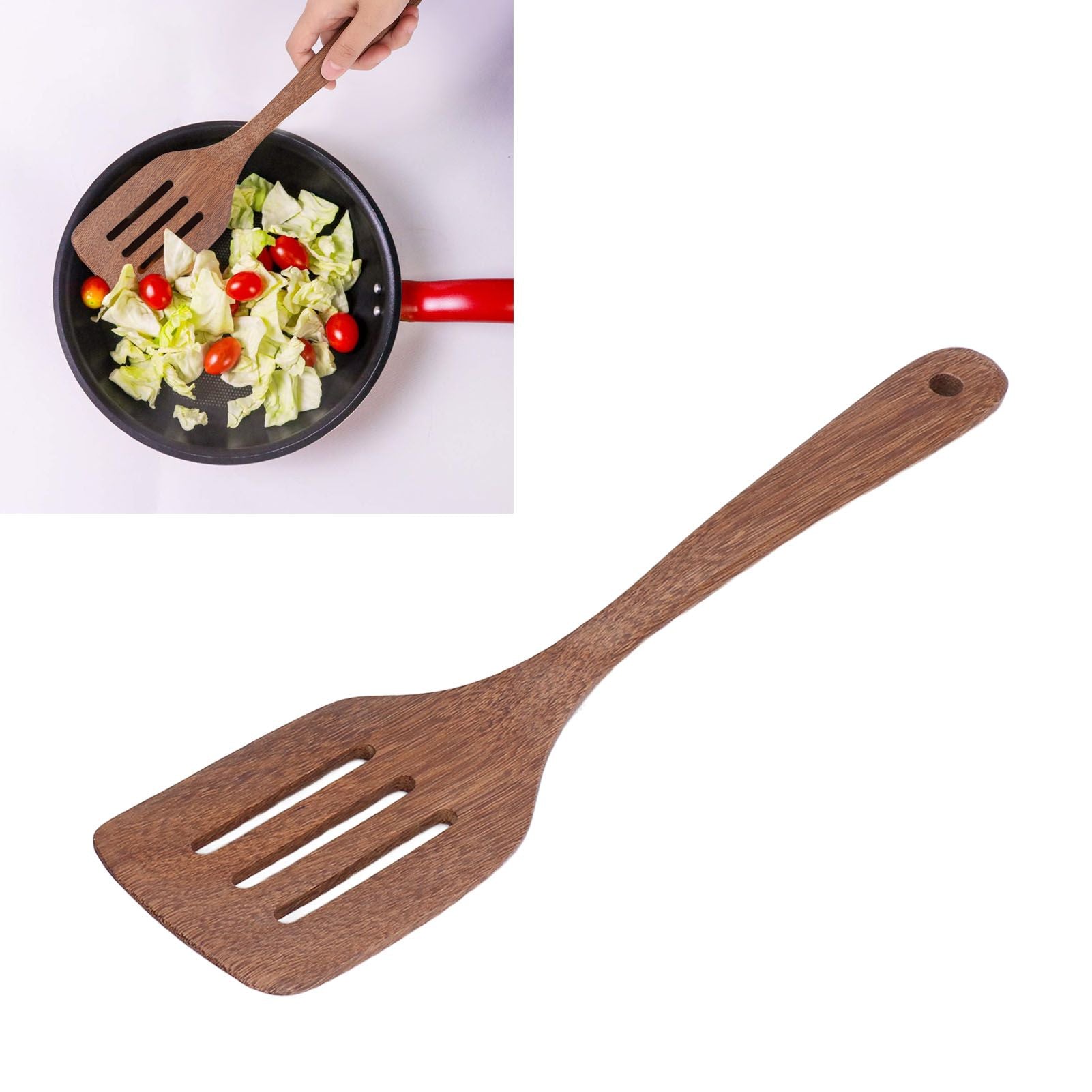 Natural Wood Long Handle Spatula Frying Spatula Round Hole Wall Mounted Kitchen UtensilLeak Spatula V1294-YM0523-3118210324812