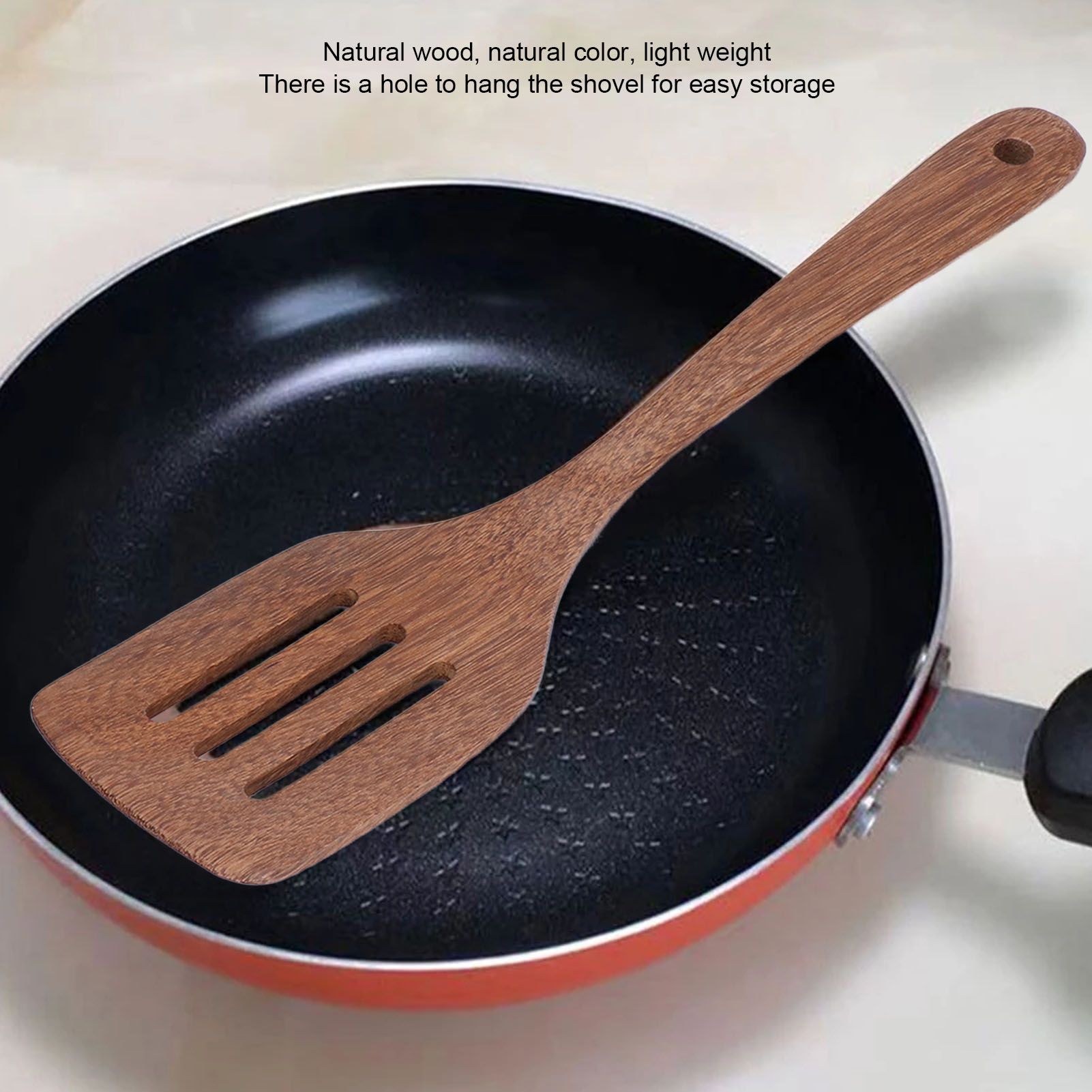 Natural Wood Long Handle Spatula Frying Spatula Round Hole Wall Mounted Kitchen UtensilLeak Spatula V1294-YM0523-3118210324812