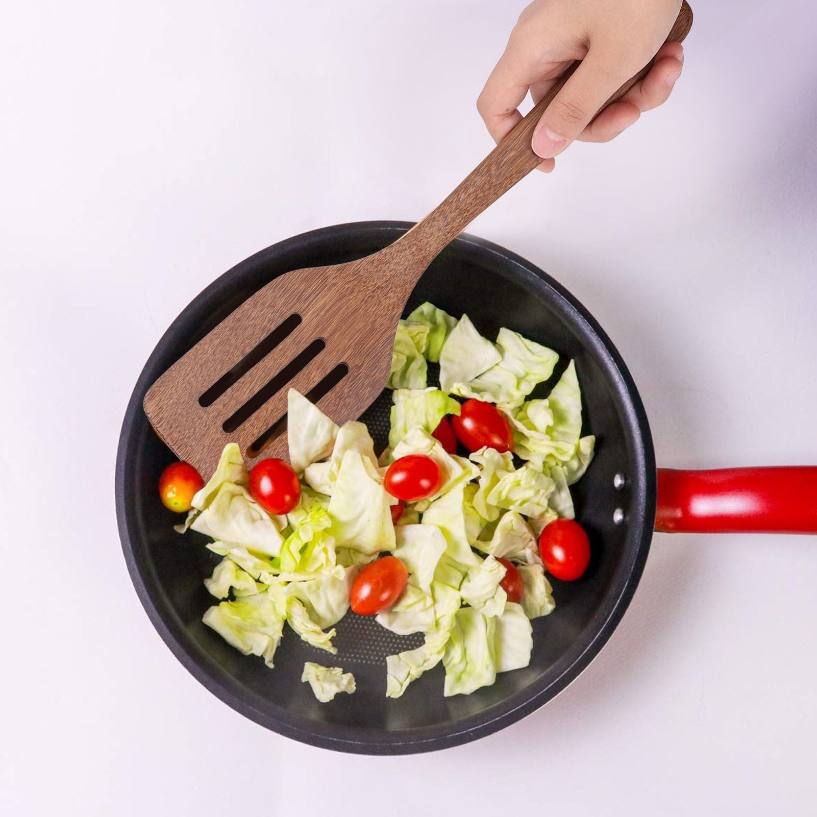 Natural Wood Long Handle Spatula Frying Spatula Round Hole Wall Mounted Kitchen UtensilLeak Spatula V1294-YM0523-3118210324812