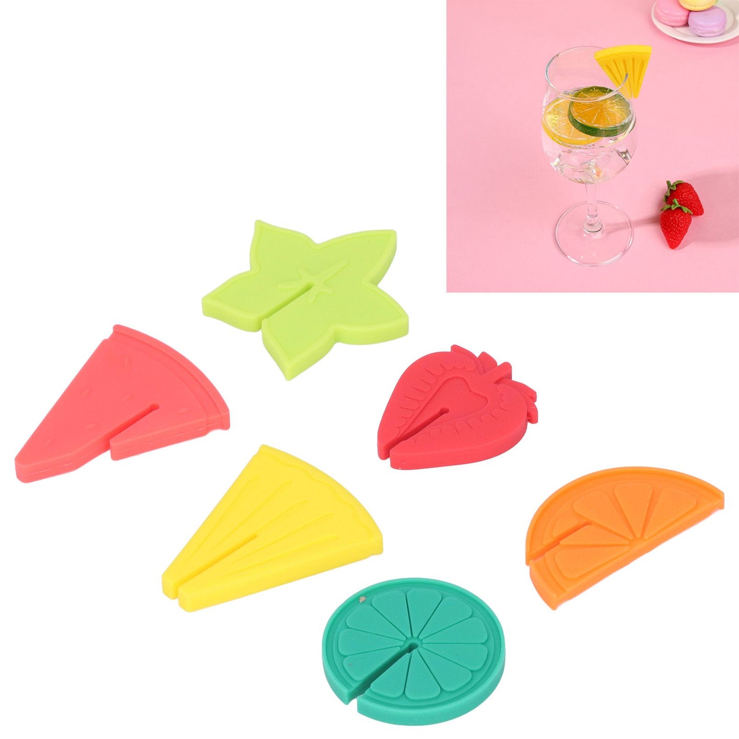 6pcs Wine Glass Marker Silicone Fruit Pattern Harmless Reusable Drink Cup Labels for Bar Party V1294-YM0523-3118220000611