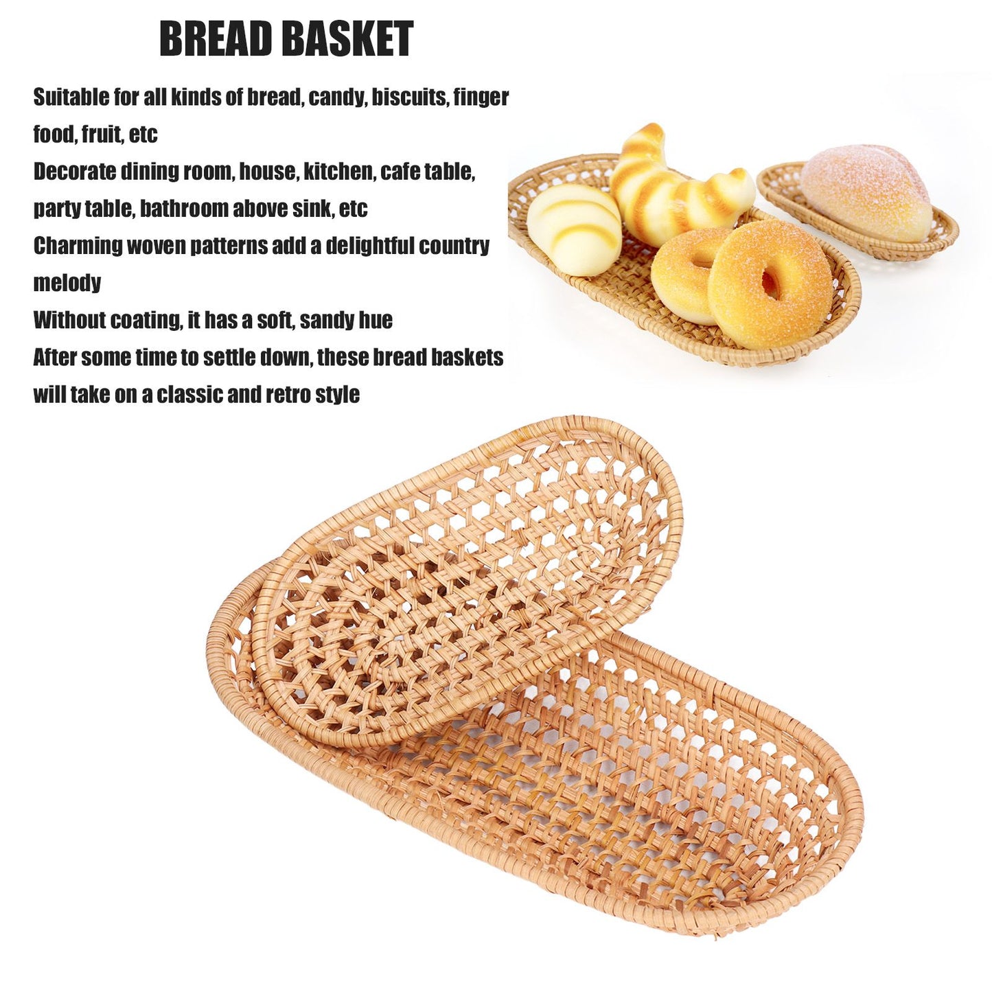 2pcs Bread Basket Handmade Rattan Storage Baskets for Bread Candy Biscuits Finger Food Fruit V1294-YM0523-3118220001111