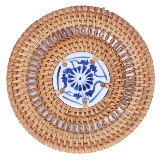 Blue and White Porcelain Coaster Round Woven Rattan Blue White Porcelain Cup Holder for Basil Cups Rattan V1294-YM0523-3118220001311