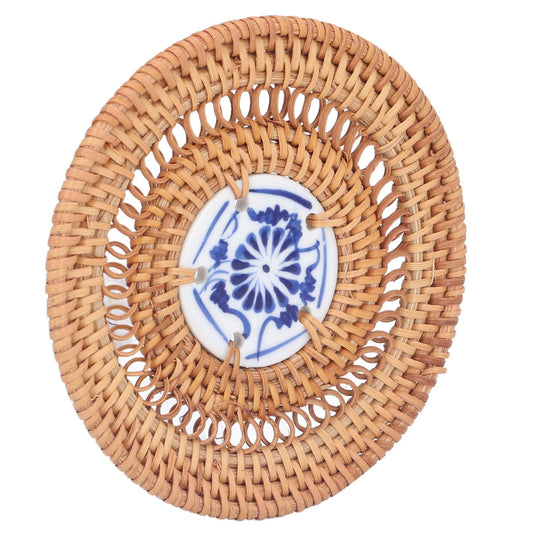Blue and White Porcelain Coaster Round Woven Rattan Blue White Porcelain Cup Holder for Basil Cups Rattan V1294-YM0523-3118220001311