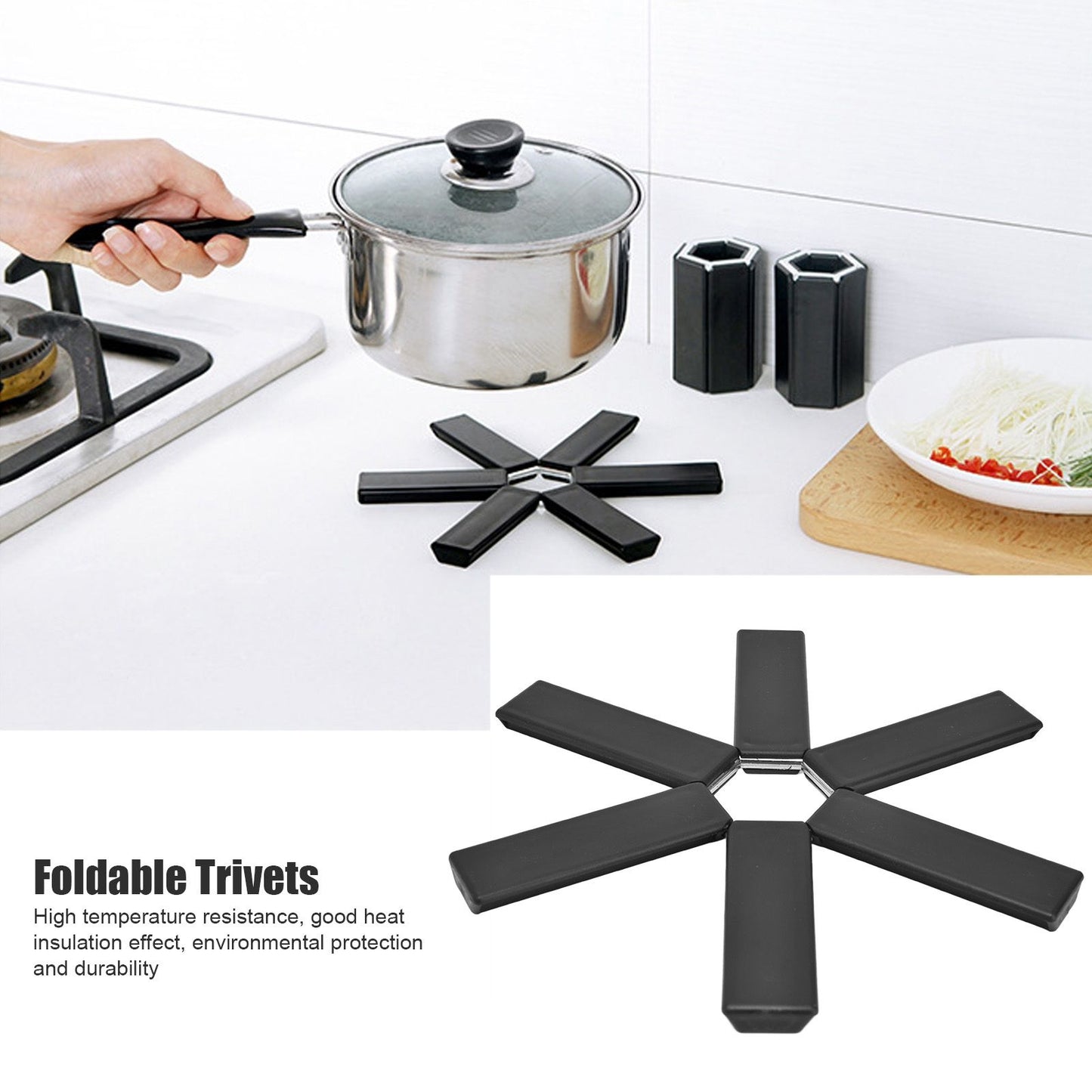 Foldable Trivets Heat Insulating Collapsible Pot Holder for Kitchen Dining Room Black V1294-YM0523-3118220004611