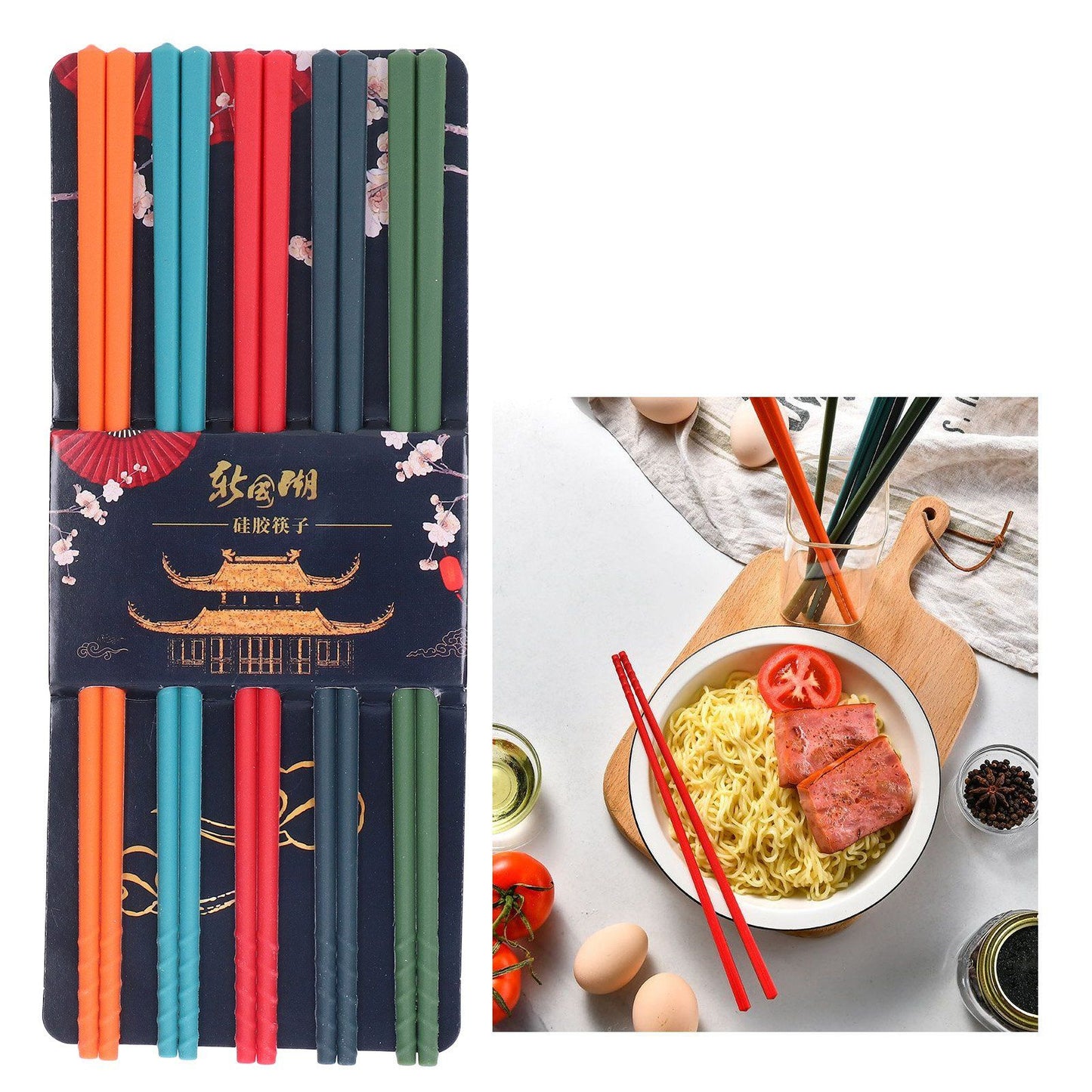 24cm 5 Color Chopsticks Set Silicone Stainless Steel Chopsticks Reusable Anti Slip Kitchen Tableware V1294-YM0523-3118220010811