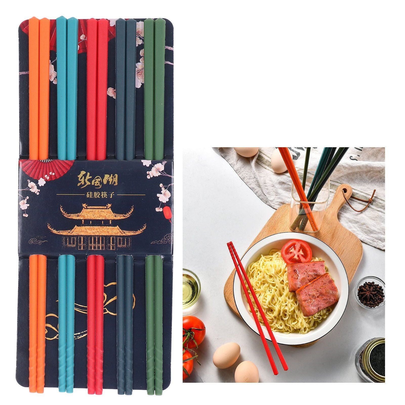 24cm 5 Color Chopsticks Set Silicone Stainless Steel Chopsticks Reusable Anti Slip Kitchen Tableware V1294-YM0523-3118220010811