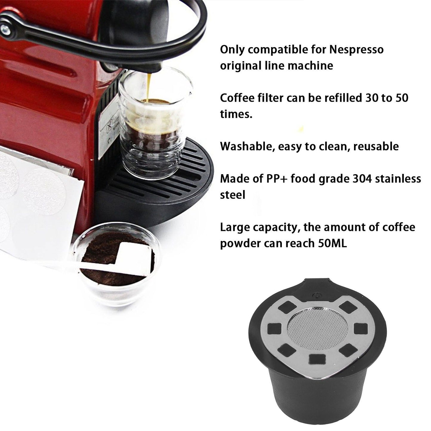 50ML Coffee Capsule Pods Cup with Spoon Brush Reusable Filter Stainless Steel Replacement for NespressoChrome V1294-YM0523-3118220012912
