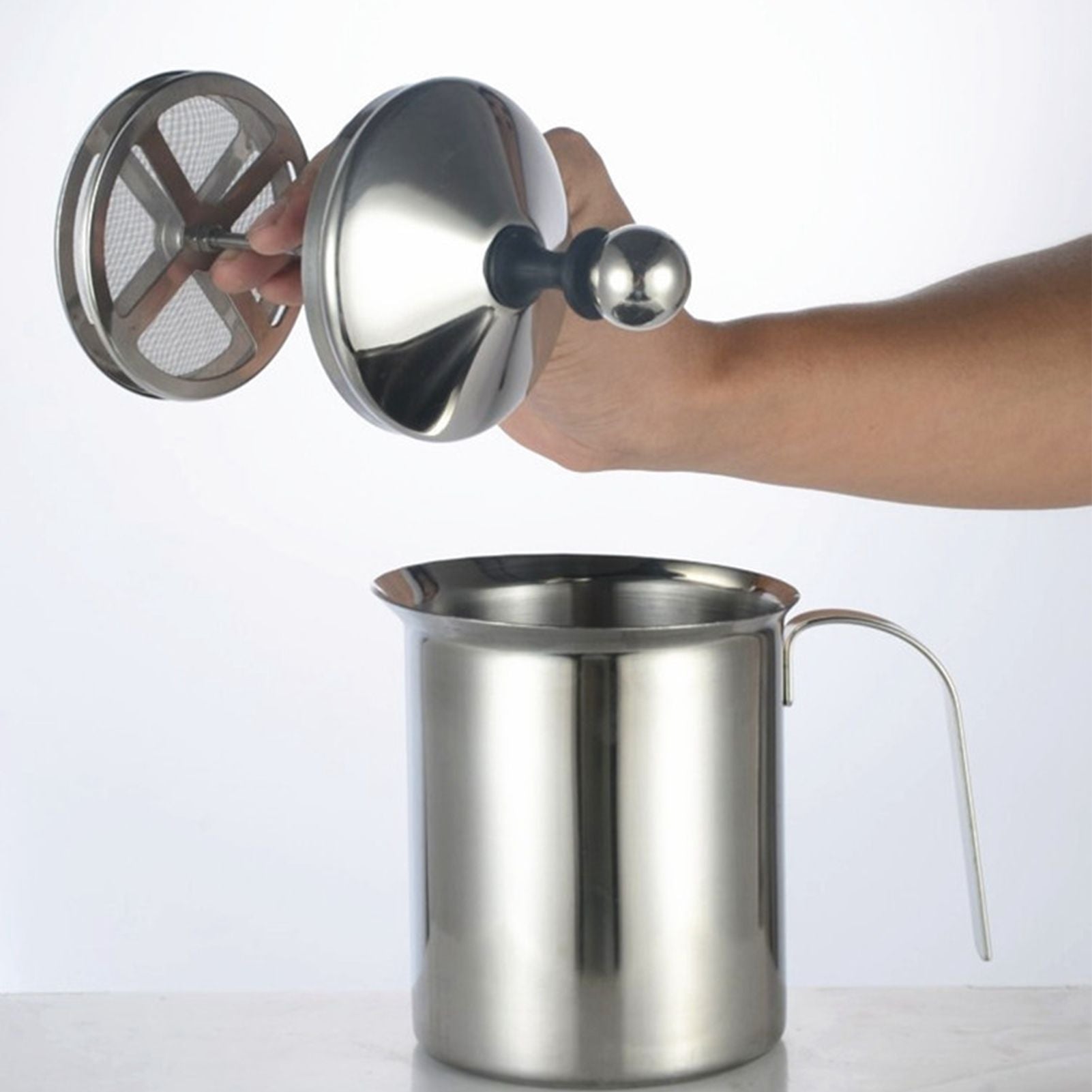 400cc Manual Milk Creamer Frother Double Layer Filter Stainless Steel Heatable Easy Clean with Handle V1294-YM0523-3118220020711