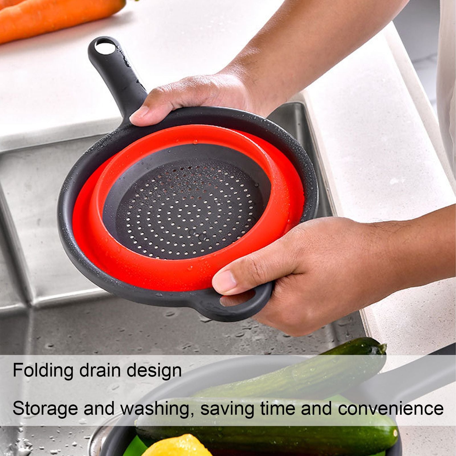 4PCS Collapsible Colander Strainer Round with Handle Hanging Hole for Pasta Vegetables FruitsRed V1294-YM0523-3118220034511