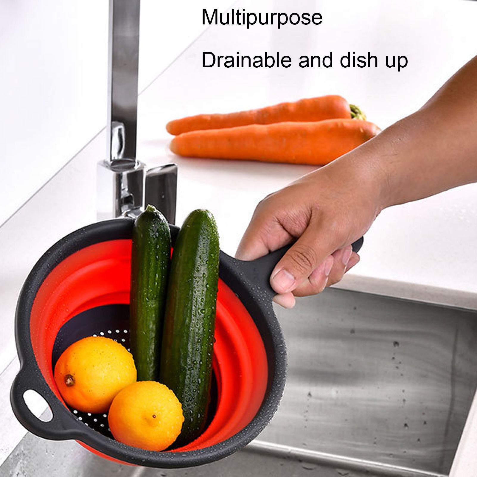 4PCS Collapsible Colander Strainer Round with Handle Hanging Hole for Pasta Vegetables FruitsRed V1294-YM0523-3118220034511