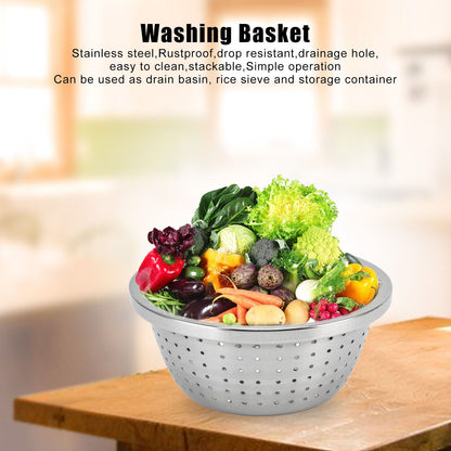 Vegetable Washing Basket Rustproof Multifunction Stainless Steel Colander for Kitchen Household Silver22cm V1294-YM0523-3118220035713