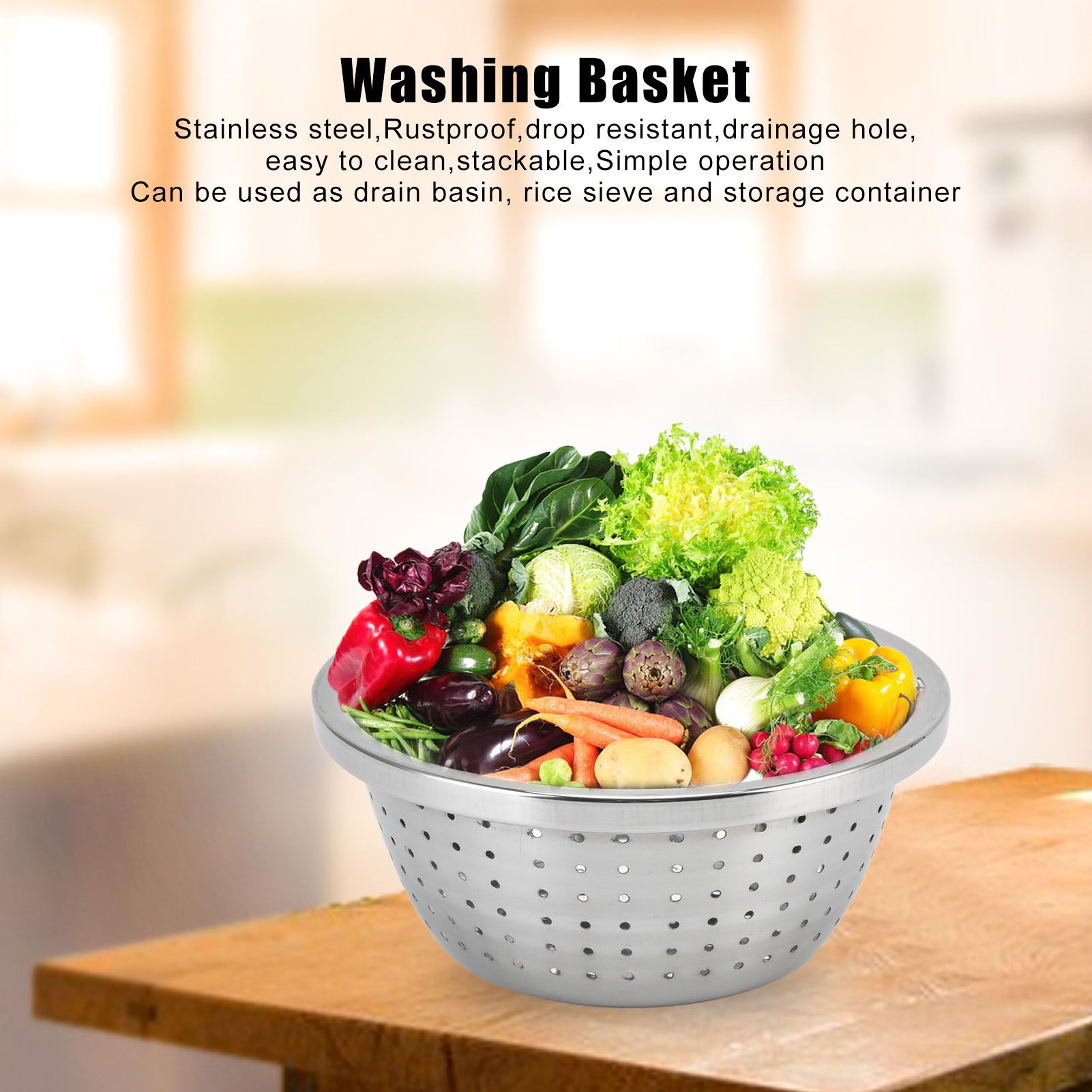 Vegetable Washing Basket Rustproof Multifunction Stainless Steel Colander for Kitchen Household Silver30cm V1294-YM0523-3118220035717