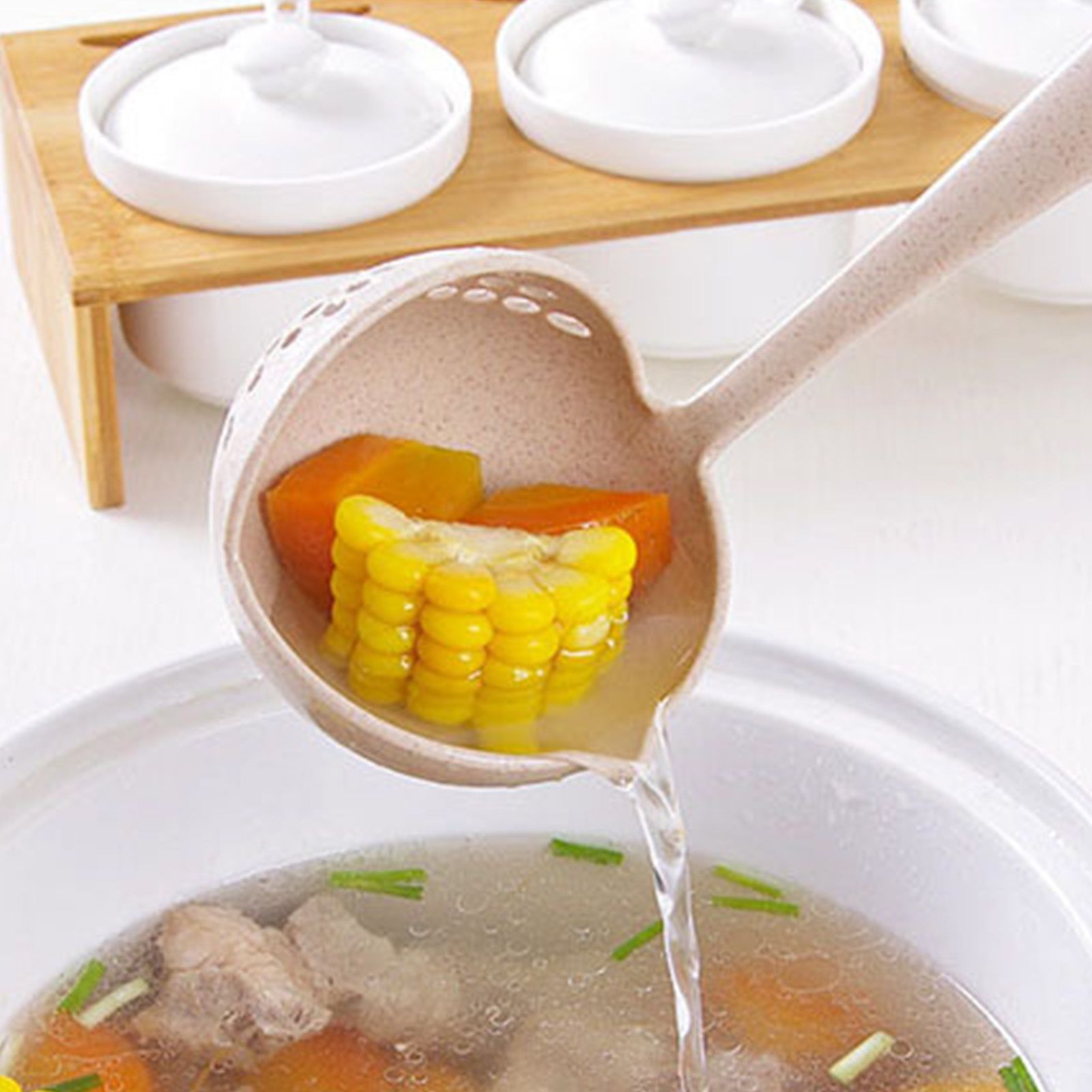Long Handle Colander 2 in 1 Kitchen Anti Scald Long Handle Round Filter Colander Spoon TablewareBeige V1294-YM0523-3118220037511