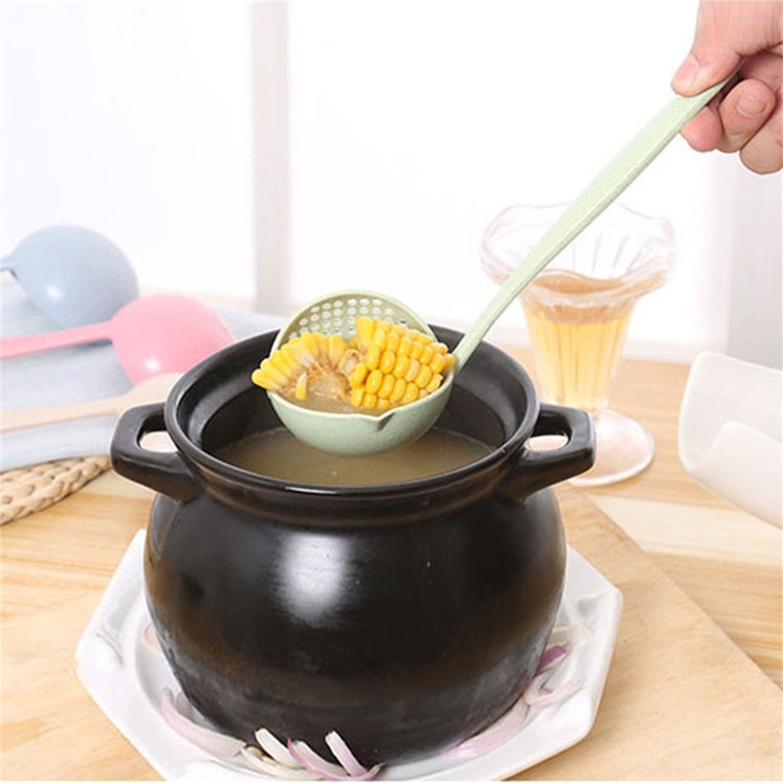 Long Handle Colander 2 in 1 Kitchen Anti Scald Long Handle Round Filter Colander Spoon TablewareGreen V1294-YM0523-3118220037513