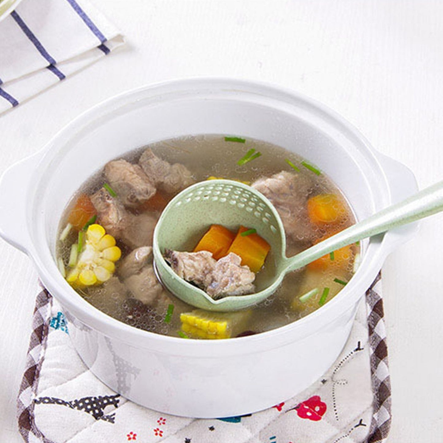 Long Handle Colander 2 in 1 Kitchen Anti Scald Long Handle Round Filter Colander Spoon TablewareGreen V1294-YM0523-3118220037513