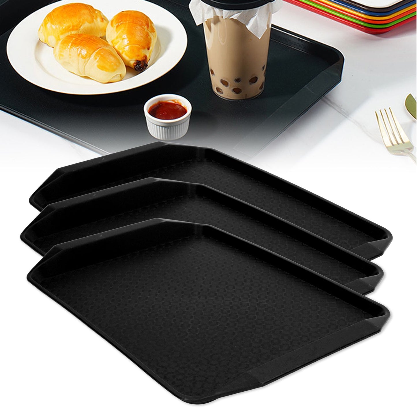 3PCS Colorful Food Tray Rectangle Thickened Binaural Plastic Tray Heat Resistance Stackable Cafeteria Trays V1294-YM0523-3118220042013