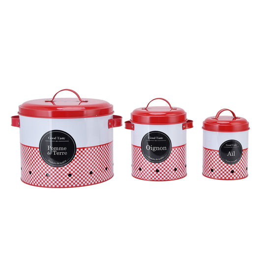 3 Pcs Canister Set Large Capacity Red White Round Storage Bucket Farmhouse Kitchen Candy Snack Metal Storage V1294-YM0523-3118220043011