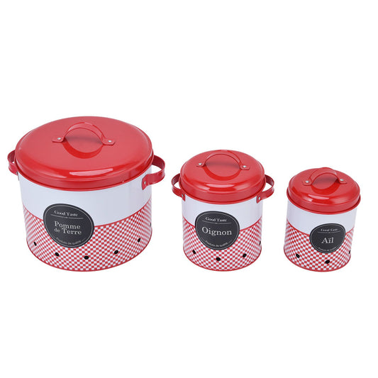3 Pcs Canister Set Large Capacity Red White Round Storage Bucket Farmhouse Kitchen Candy Snack Metal Storage V1294-YM0523-3118220043011